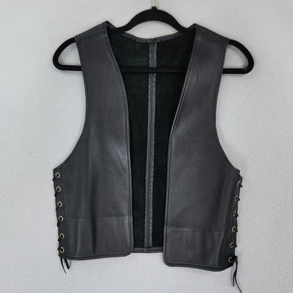 Mephisto Vest Womens Small Black Leather Lace Up Motorcycle Biker Open Front - Picture 1 of 11